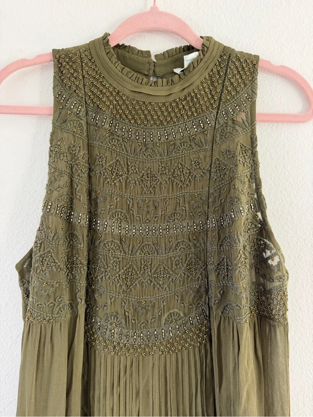 Sundance Women’s Army Green Embroidered Beaded Sleeveless Midi Dress NWT - Picture 3 of 5